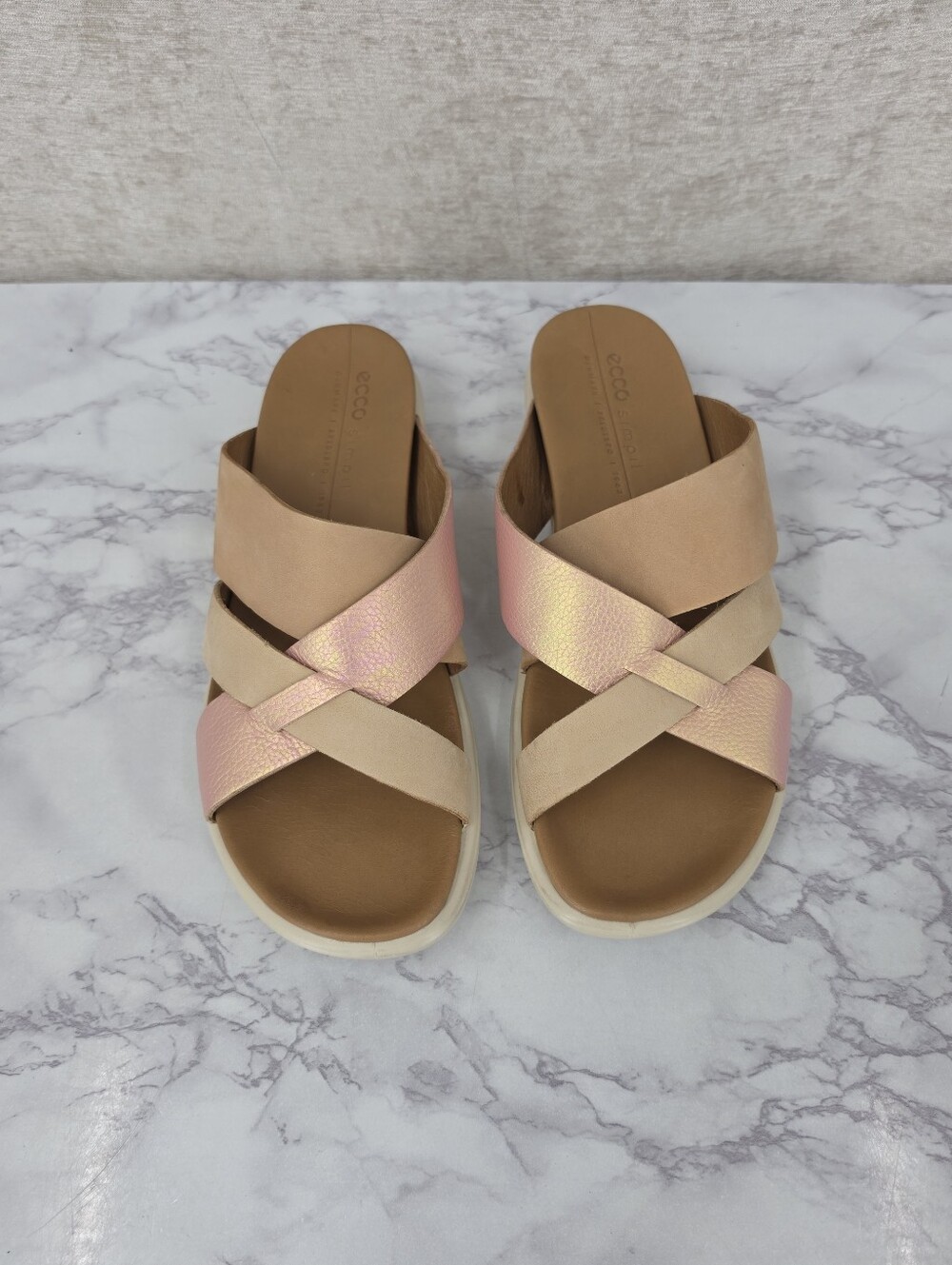 ECCO Simpil Women's Leather Flat Sandal Pink Iridescent Tan Beige Slide Sandals